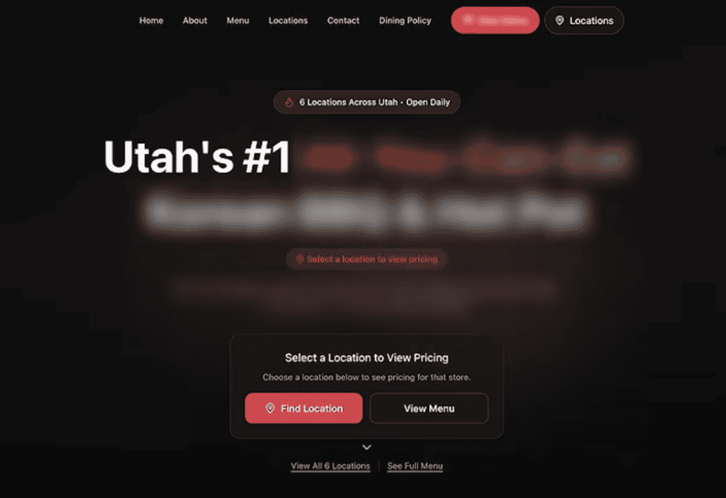Page d'accueil sombre d'un restaurant de barbecue coréen en Utah, avec titre partiellement flouté et boutons Find Location et View Menu