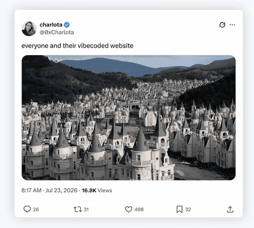 Tweet de charlota « everyone and their vibecoded website » avec la photo d'un lotissement de maisons en forme de petits châteaux identiques